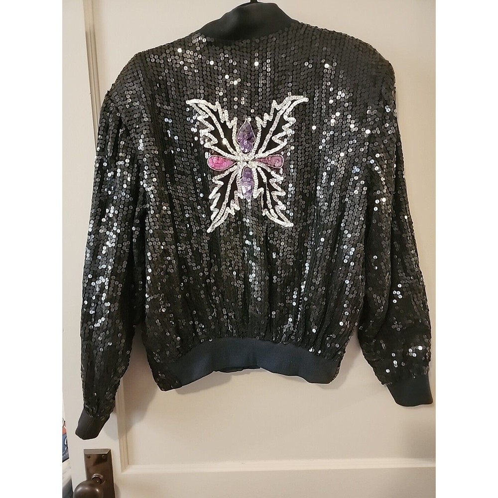 Butterfly Sequin Women's Full Zip Jacket With Shoulder Pads Medium 80s Vintage.